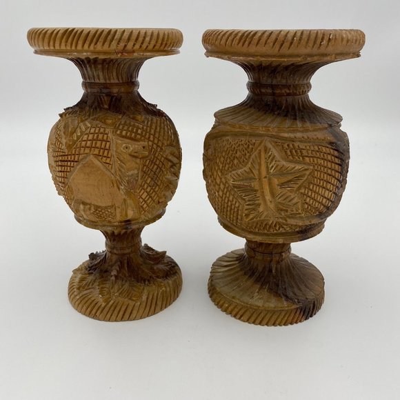 Lot of 2 Vintage Hand Carved Olive Wood Vase Camel Palm Tree Animal Plant Israel - Picture 3 of 9